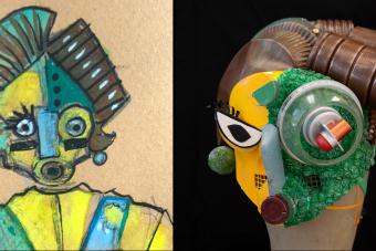 An artist rendering and a built version of a mask for Mr. Burns: A Post-Electric Play